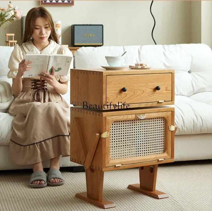 

pg45Side cabinet solid wood rattan robot storage bedside table simple