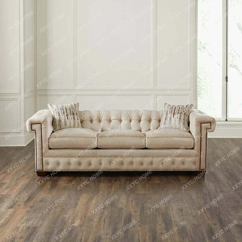 XX Country Solid Wood Sofa Retro Oil Wax Skin Sofa Simple Small Apartment Light Luxury Three-Person
