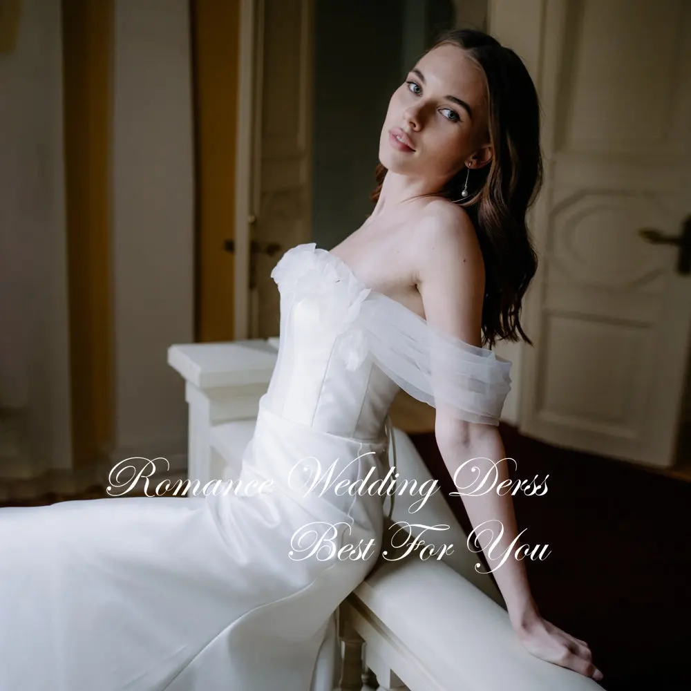 Gaun Pengantin A-Line Modern Motif Bunga Wanita 2026 Tanpa Tali Model Off Shoulder Sweep Train Punggung Terbuka Vestidos De Novia Dapat Disesuaikan