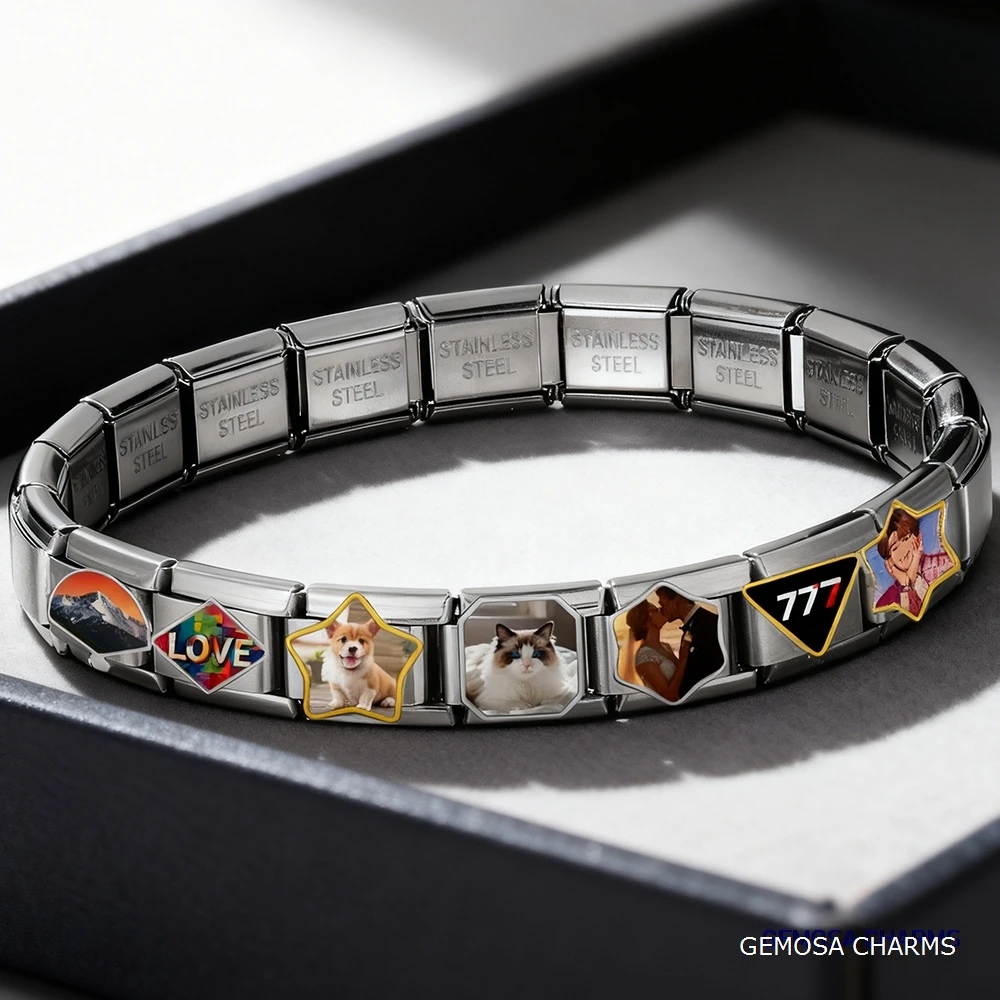 GEMOSA Bulk Personalization Image Pictures Various Shapes Customized Italian Charm Link Fit 9mm Stainless Steel Bracelet Jewelry