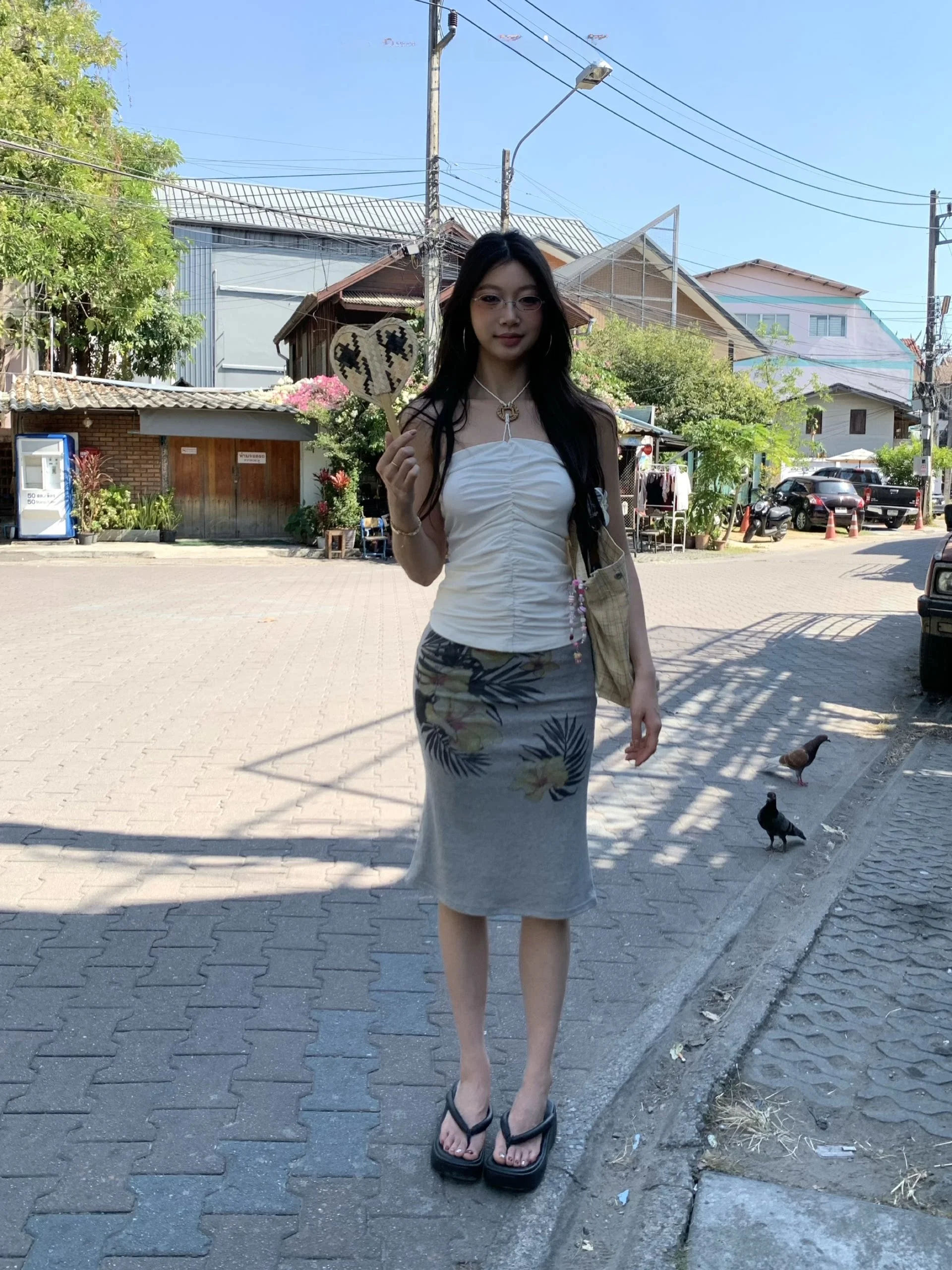 

Fortunee Original Hand-Painted Floral Print Design Fi Tail Sle Slimming f Skirt Island Vaion Faion Cotton Blend