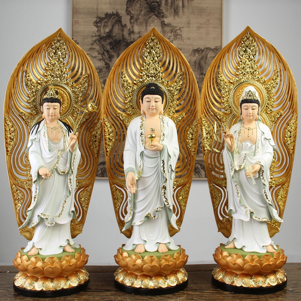 Large 51CM 3PCS A set HOME shrine protection Buddhism XI FANG SANSHENG Standing Guan yin Amitabha Mahasthamaprapta Buddha statue