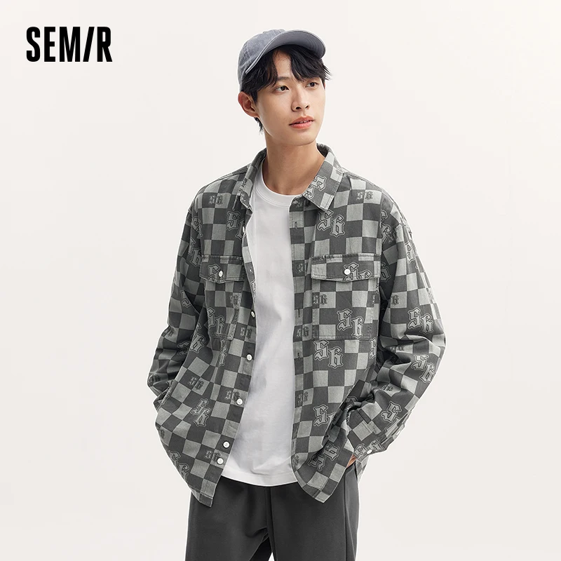 Semir Long Sleeve Shirt Men 2024 New Autumn Retro Checkered Printing Pure Cotton Personality Trendy Imitation Denim Top