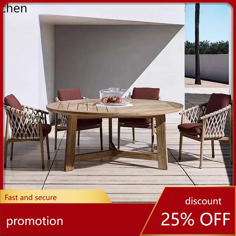 

CZ Outdoor Solid Wood Table and Chairs Teak Garden Round Table Villa Courtyard Anti-Corrosion Sun Protection