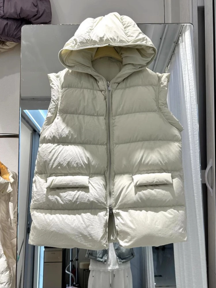 

2025 зимняя женская куртка-пуховик, легкая длинная куртка с капюшоном из 90% белого утиного пуха, женский повседневный жилет, свободная майка без рукавов