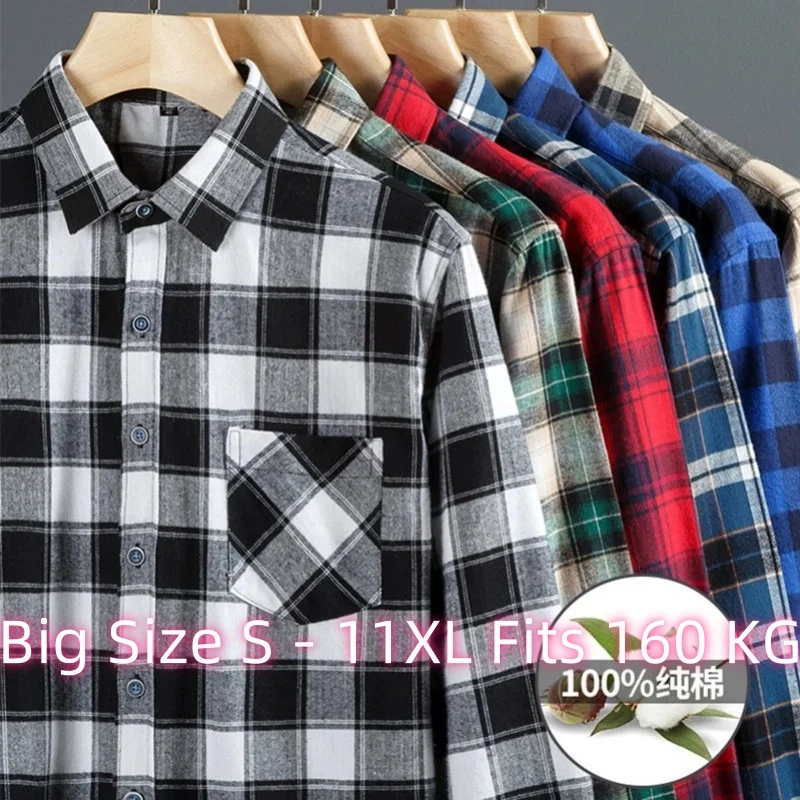 11XL Pasuje do 160 KG Męskie koszule flanelowe z długim rękawem Duże i wysokie 100 Bawełniane męskie koszule flanelowe z długim rękawem z kieszeniami