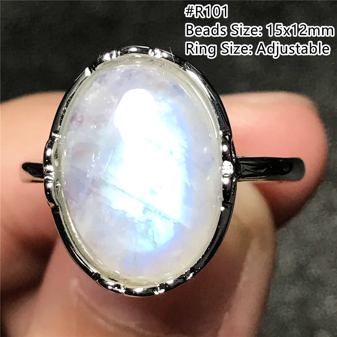 Natural Blue Light Moonstone Ring Silver For Women Healing Luck Gift Crystal Oval Beads Stone Gemstone Adjustable Ring AAAAA