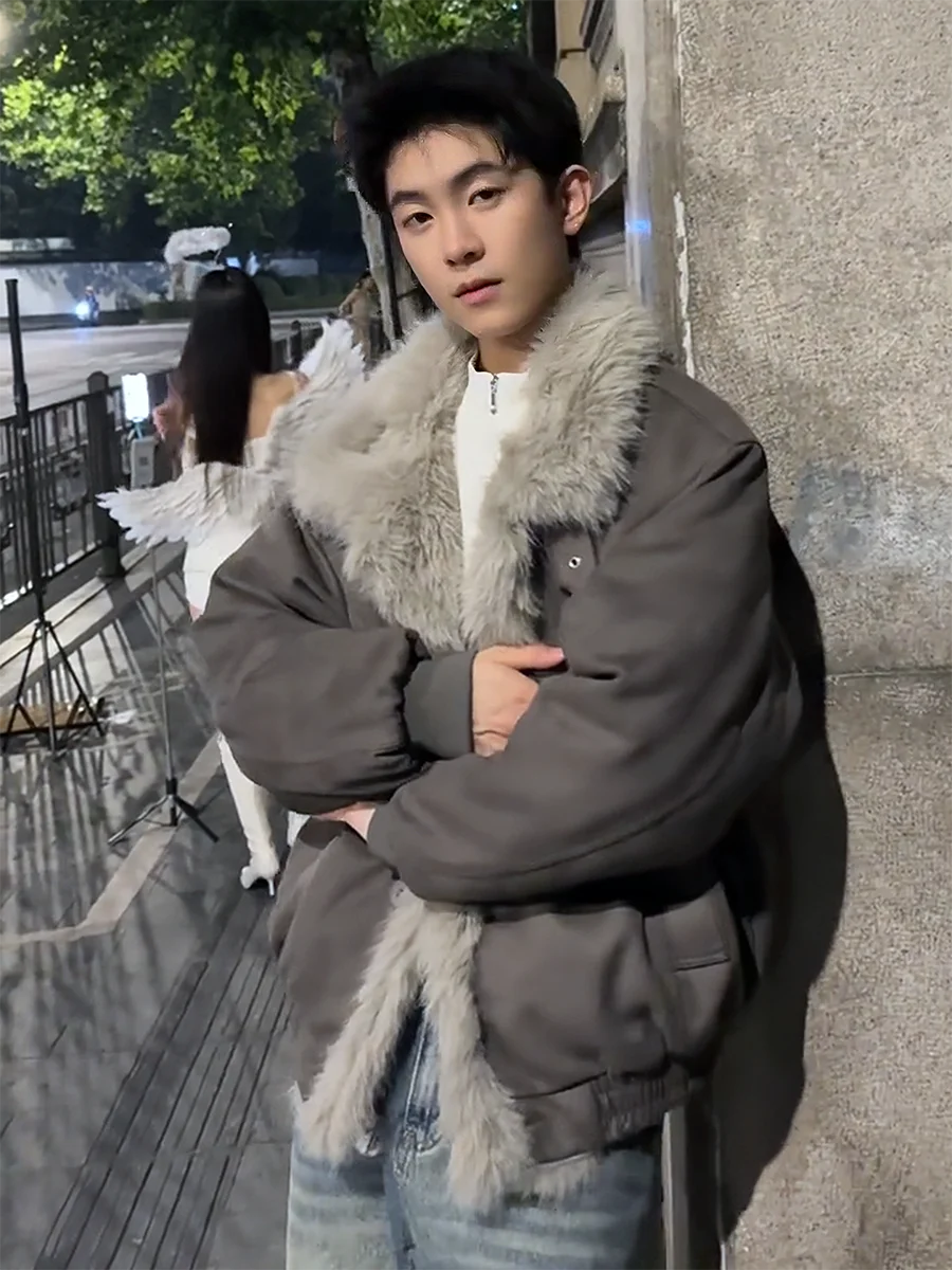 

Мужская зимняя хлопковая куртка в стиле ретро, новое свободное замшевое хлопковое пальто с деконструированной отделкой, модный большой меховой воротник