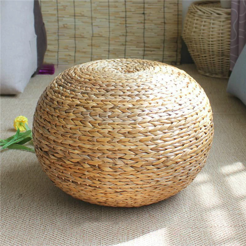 Japanese style natural straw stool sitting seat living room Spherical round  stool rattan cushion natural hand woven foot stool