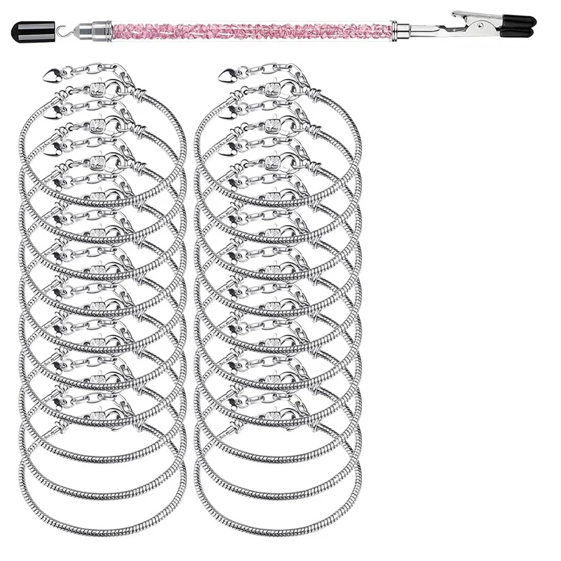 Charm Bracelet Chains For Jewelry Making, 20 PCS Stainless Steel Snake Chain Bracelets With Bracelet Helper Tool