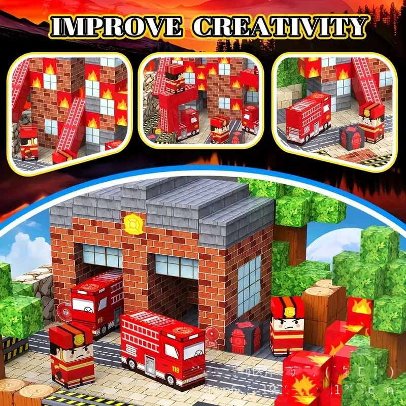 Ensemble d'aimants de construction de camion de pompiers, blocs magnétiques de service de pompiers, jouet pour enfants, STEM Montessori, Cubes créatifs sensoriels
