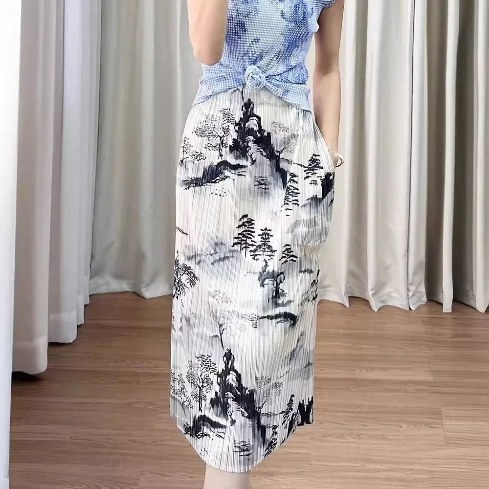 Demi-jupe imprimée avec peinture à l'encre chinoise, avec plis et ceinture élastique, demi-jupe amincissante, jupe plissée trapèze, nouvelle collection été