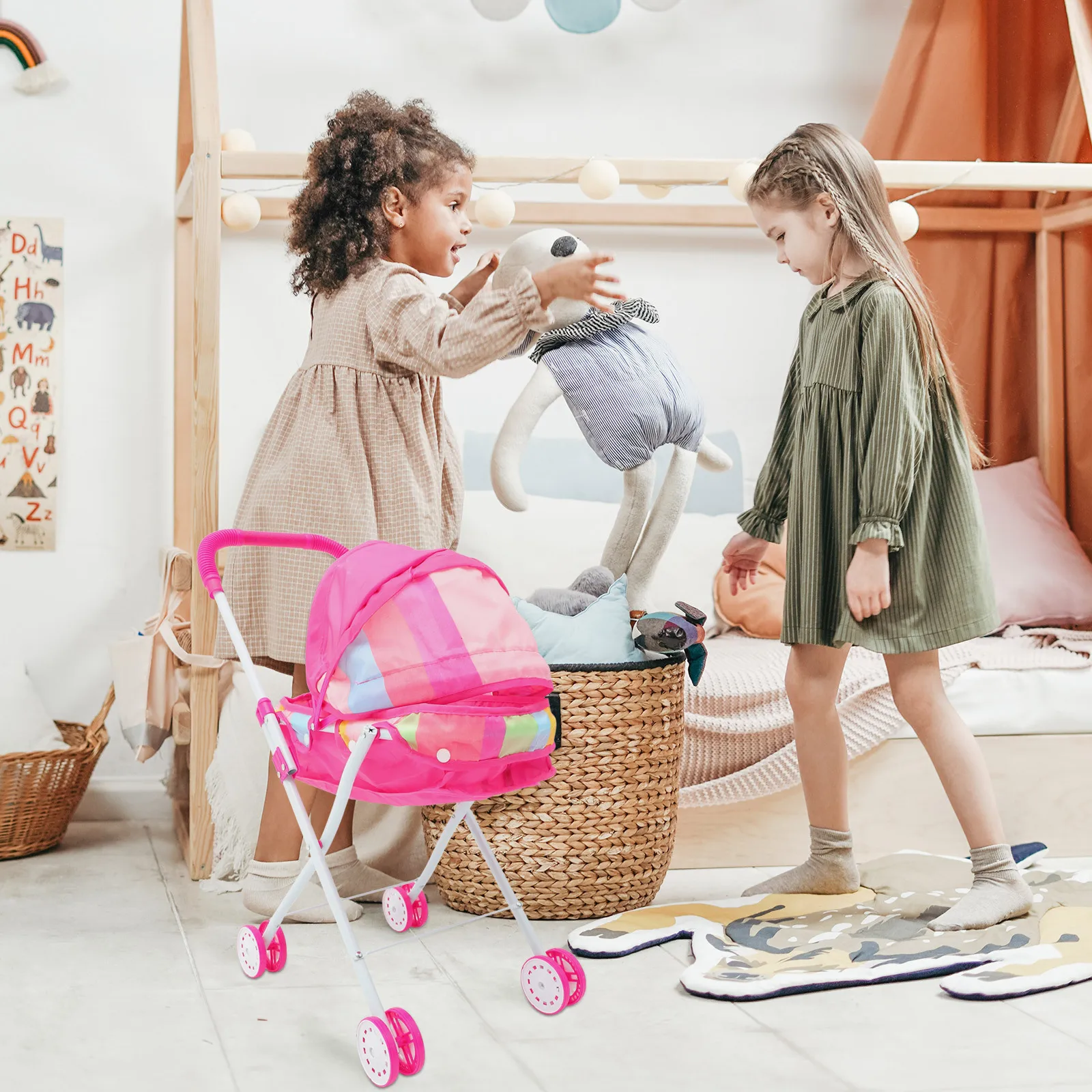 

Kids Role Play Small Stroller Baby Lightweight Foldable Stroller for Carrying Snacks Storage Game House Accessories