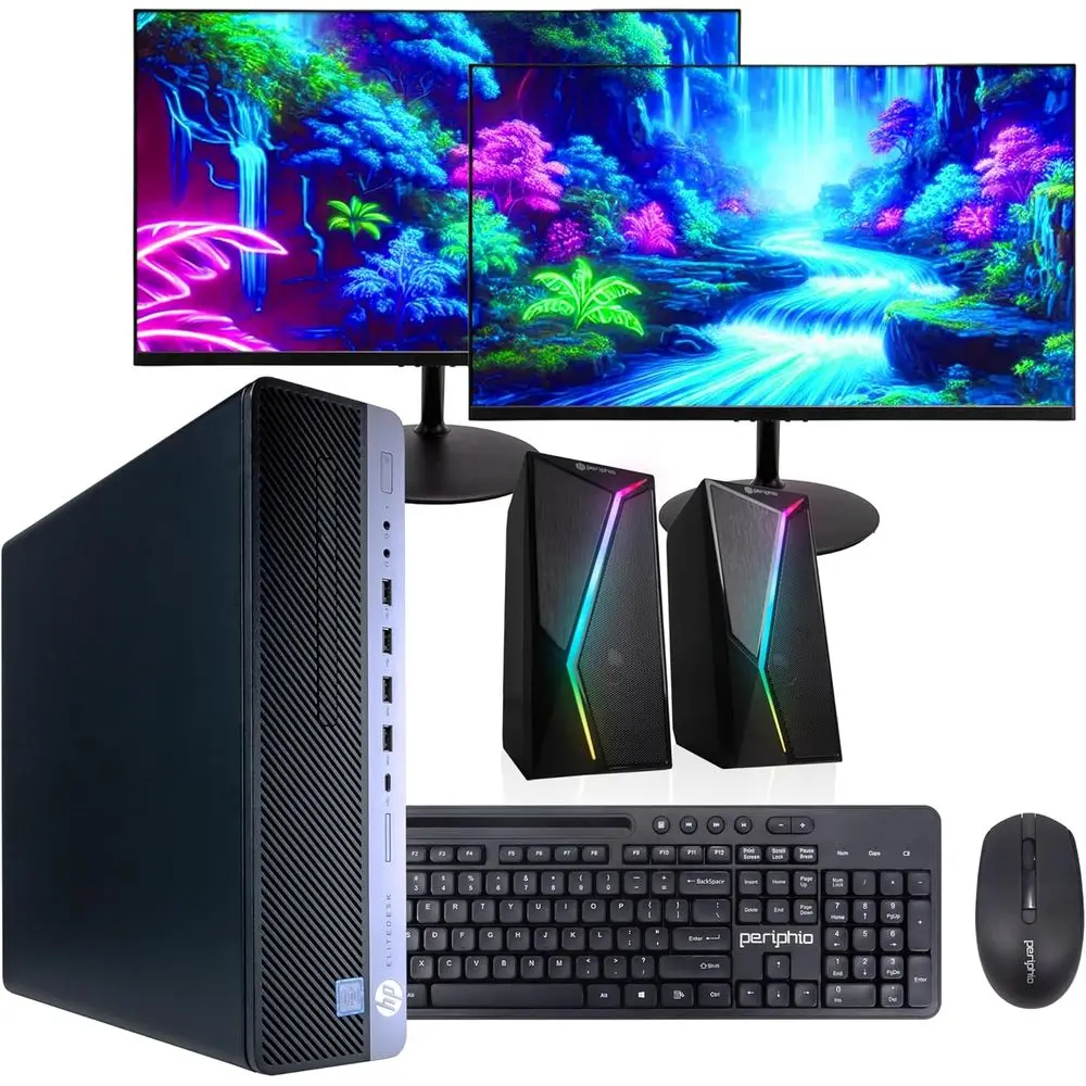Desktop PC with Windows 11 Pro, Intel Core i5-8500, 16GB RAM, 1TB SSD, Dual 24 Monitors, RGB Speakers, Internal Wi-Fi 6 AX200 +