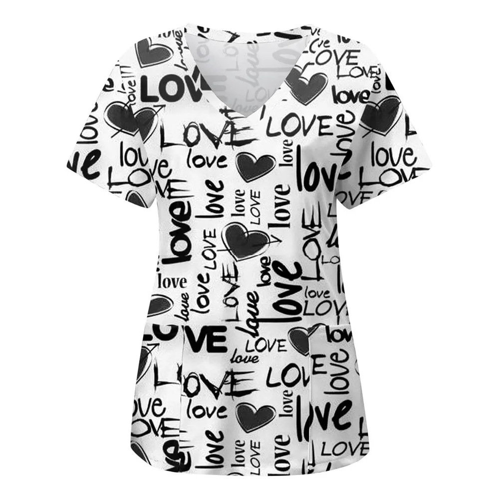 Love Nursing Scrubs Tops Nurse Uniform Animal 3d Print T-shirt Women Fashion V-neck Pocket Overalls Medical Uniforms Workwear