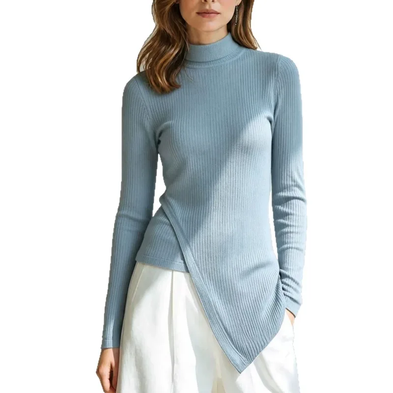 Women Mock Neck Ribbed Knit Top Irregular Asymmetrical Hem Long Sleeve Blouse For Autumn Winter Multi Color