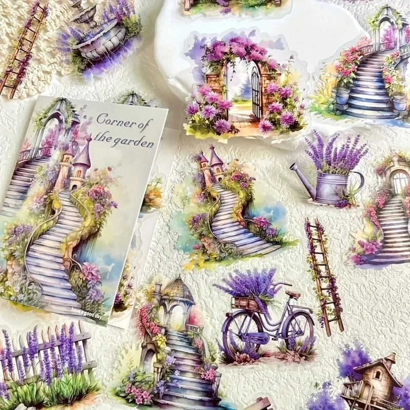 30pcs  vintage garden scene stickers - flower pattern, mixed colors, reusable, self-adhesive, shiny finish, irregular shape