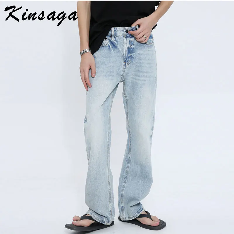 

Men Hand Stitched Tie Dye Light Blue Straight Jeans Casual Classic Cleanfit Male Denim Pants Summer Spring Man Long Trousers