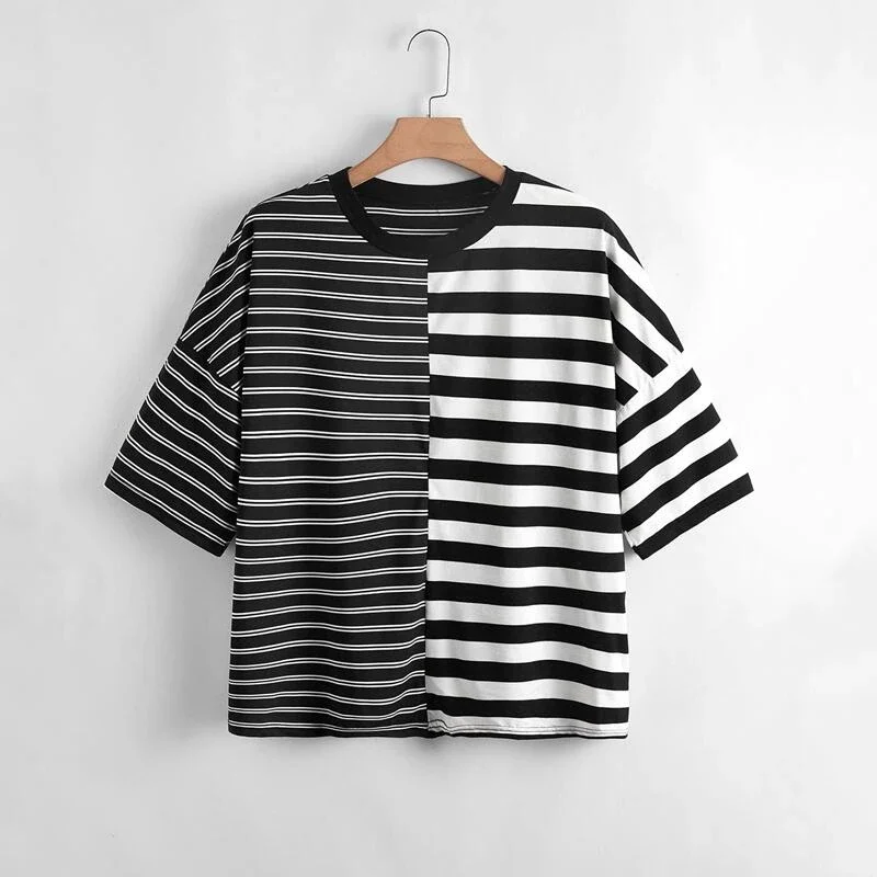 Plus Size Casual T-shirt Women 4XL 5XL 6XL 7XL Damski półrękaw Okrągły dekolt Letnie luźne topy w paski Damskie duże rozmiary Tee 8XL