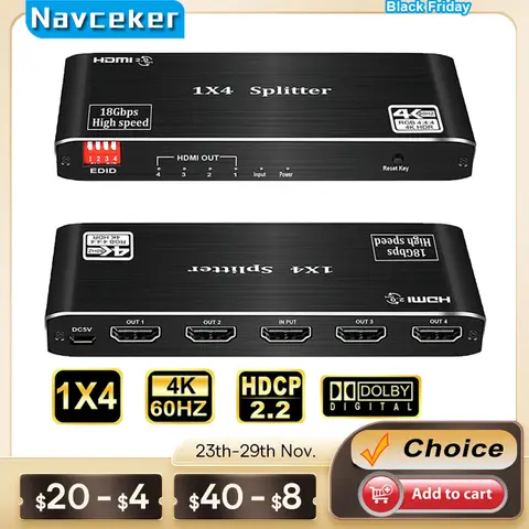 2026 Best HDMI Splitter 1x2 HDMI 2.0 Splitter 4K HDMI Video Audio Splitter Support 3D HDR 4K 60Hz Splitter HDMI 1x4 For Laptop
