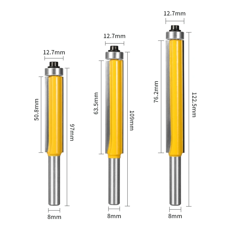 YUSUN  8MM SHANK Flush Trim Top Bearing long caibide Router Bit  Woodworing Milling Cutter For Wood