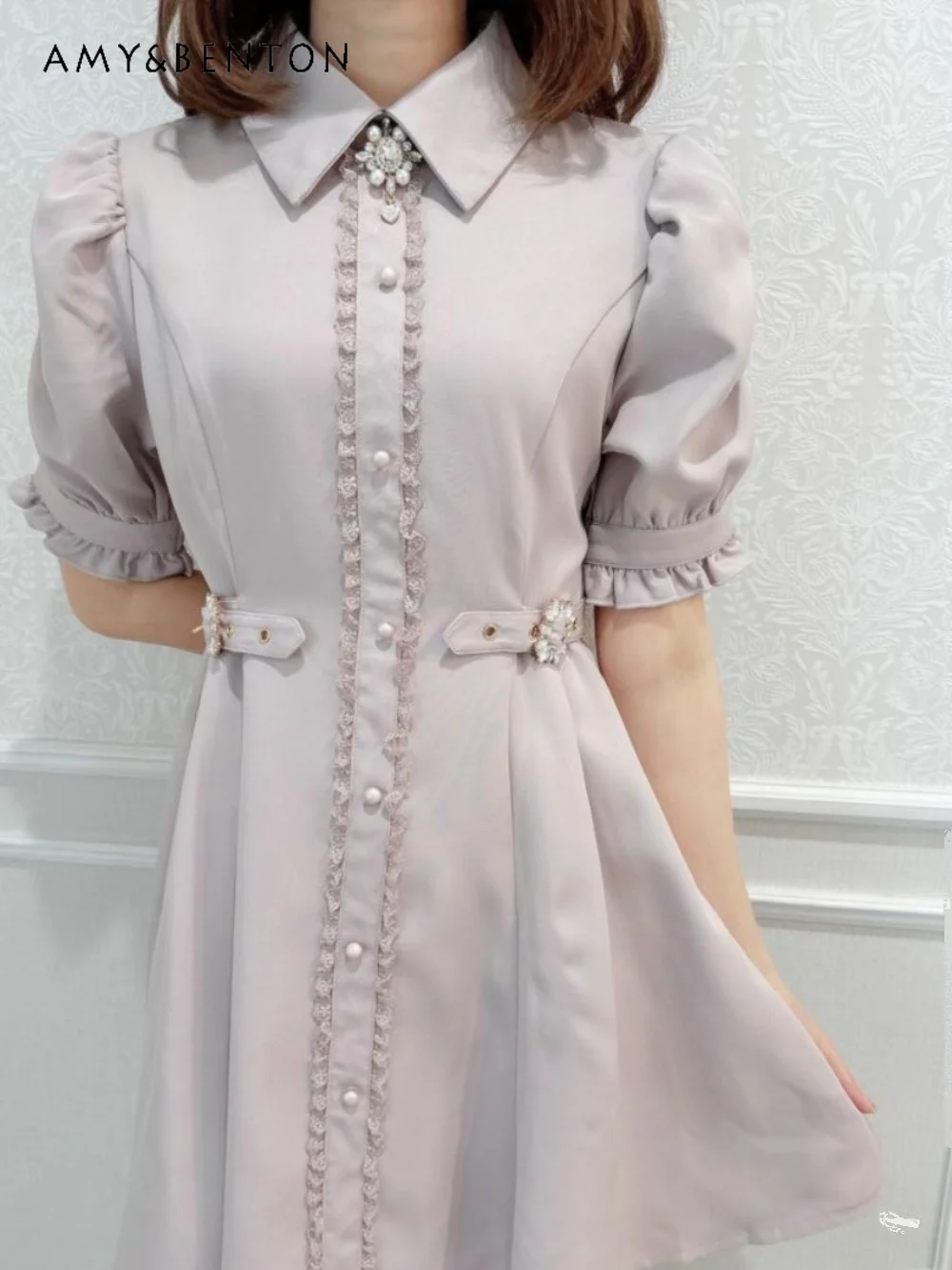 

Preppy Style Sweet Cute Rhinestone Puff Sleeve Slim Dress for Women Summer Japanese Mine Series Mass-Produced Lolita Dresses