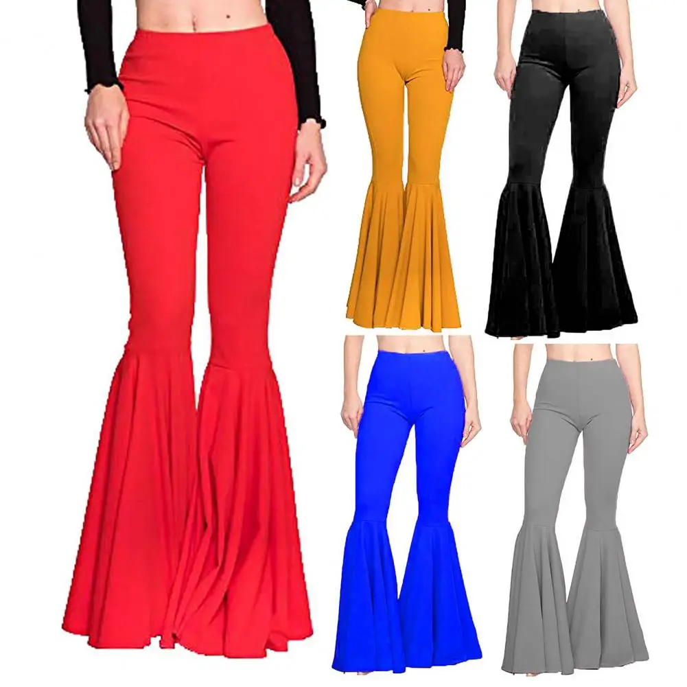 

Skinny Women Flare Pants Solid Color Mermaid Flared Pants High-Waist Elastic Waistband Control Tummy Hip Lifting Lady Trousers