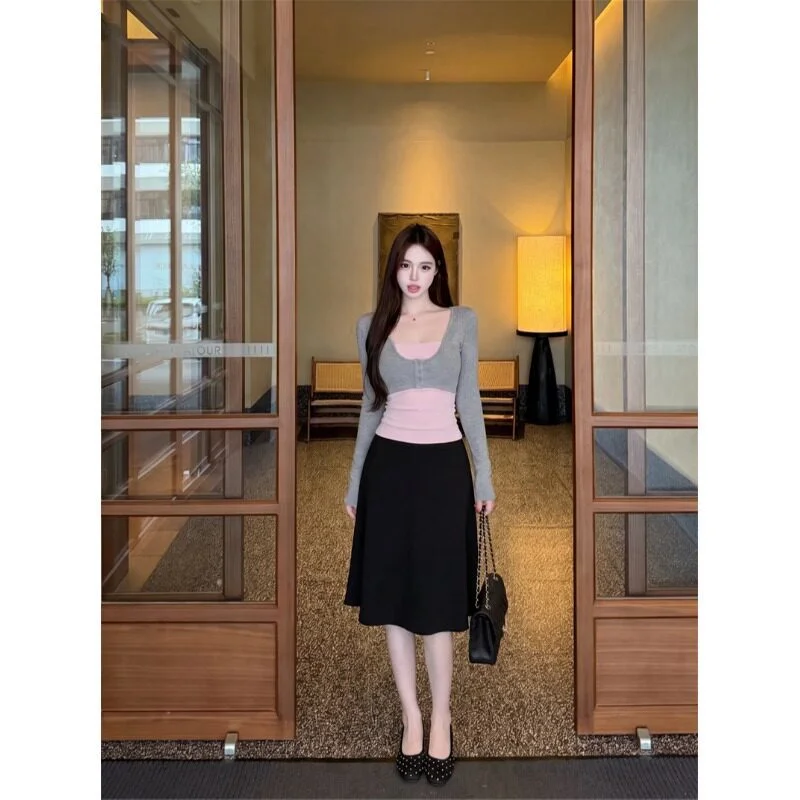 Gray Short Sleeveless Cardigan Women's Casual Set Inner Vest Autumn Leisure Ensemble Slim Fit Polyester Daily Wear Pure Color