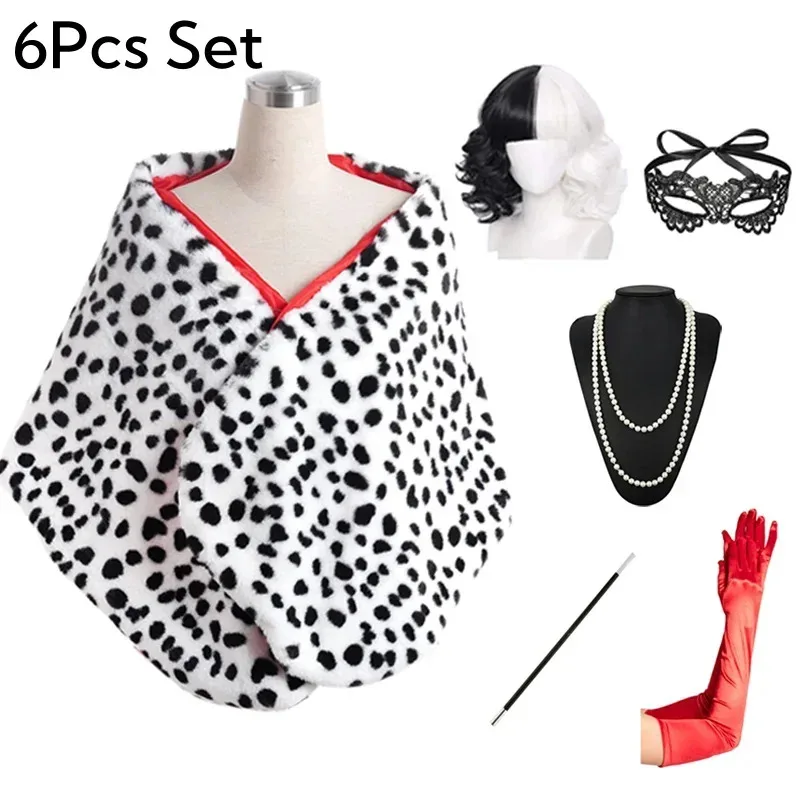 المرأة كرويلا ديفيل 6 قطع قصيرة الدلماسية طباعة شال قفازات حمراء اللؤلؤ قلادة زي الهالوين