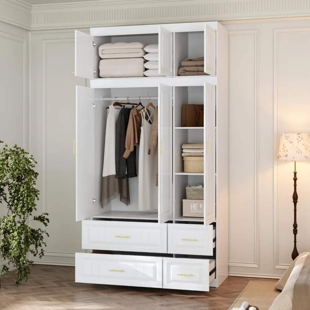 3 Door Bedroom Wardrobe with 4 Drawers and Shelves with Hanging Rail and Gold Handles, Bedroom Dressing Room Top Cabinet