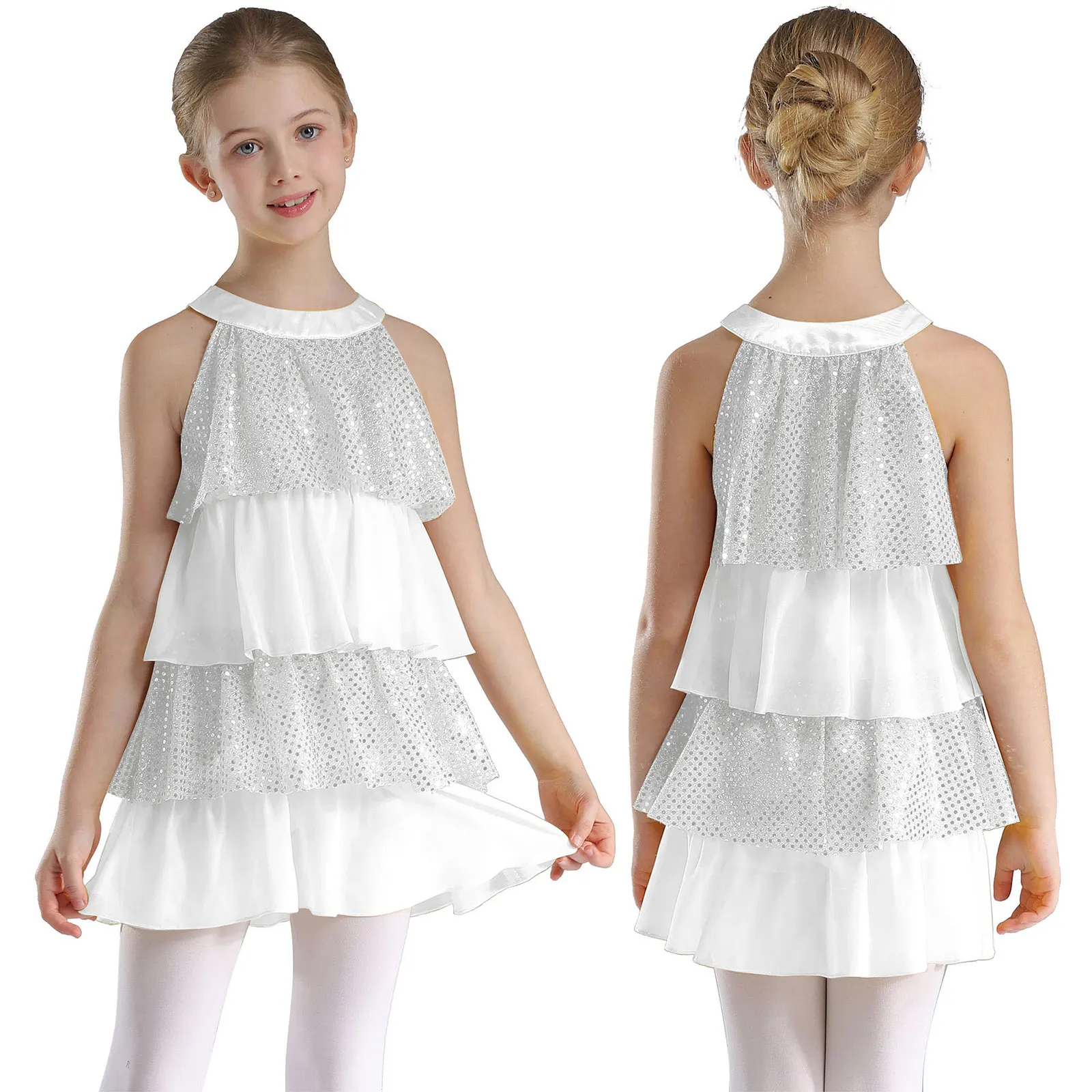 Teen Girls Modern Lyrical Jazz Latin Dance Dress Sleeveless Shiny Sequins Tiered Ruffled Dresses Dancewear for School Show Party