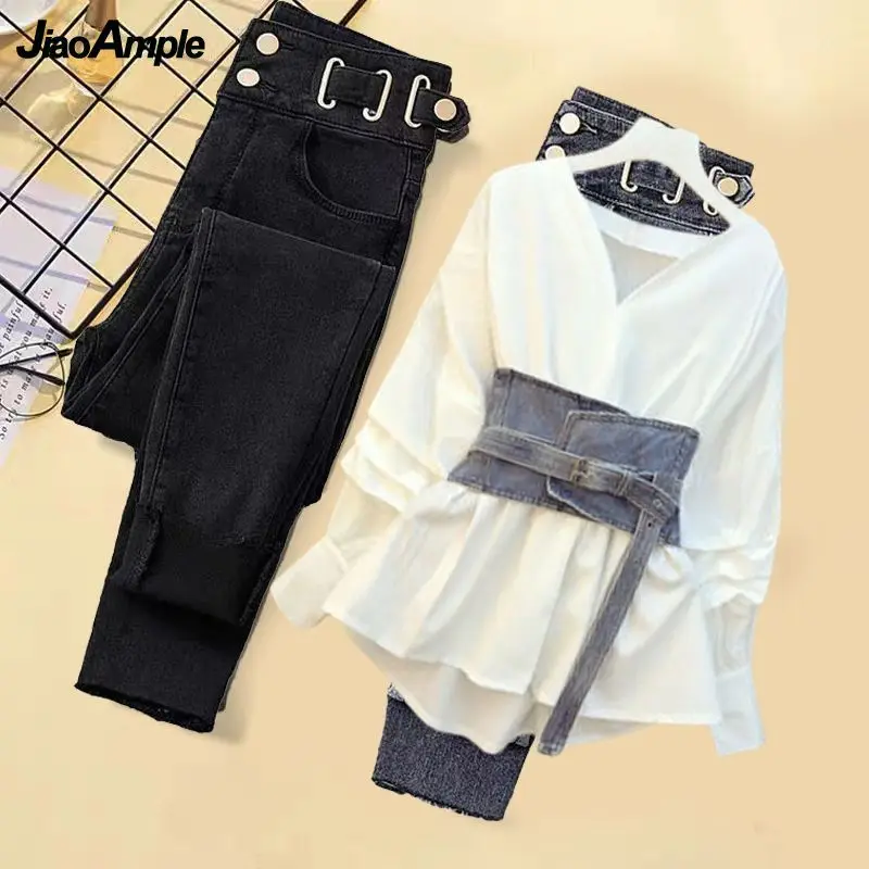 2024 Spring New Korean Elegant Denim Pants Matching Set Women\'s Fashion V-Neck Shirt+Waist Tie+Jeans Three Piece Female Clothing