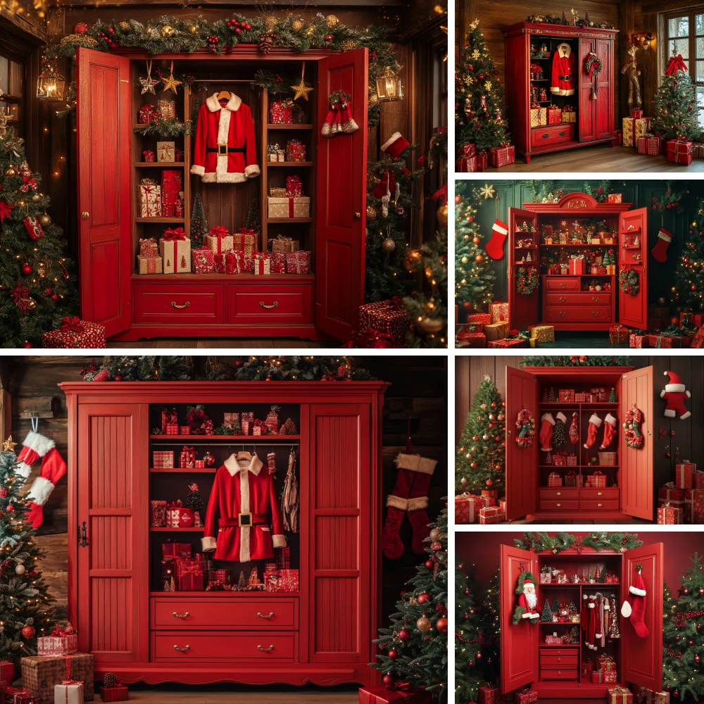

Photography Background Christmas Vintage Wardrobe Cupboard Xmas Tree Kids Family Portrait Decor Backdrop Photo Studio