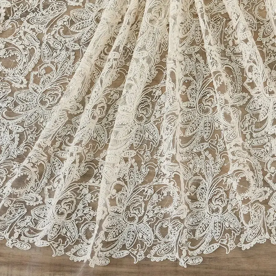 

Sequin embroidered mesh fabric for wedding dresses, lace embroidered floral fabric, designer fabric sold by the yard.