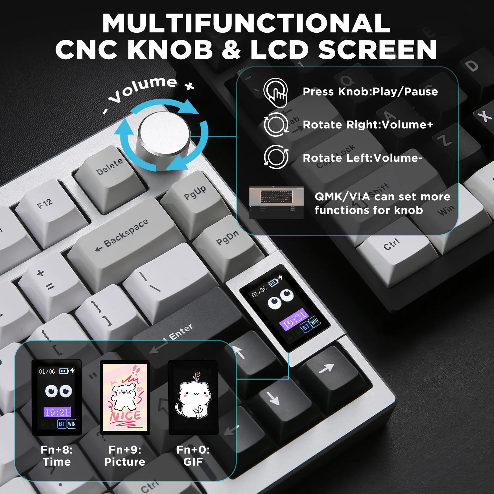 YUNZII AL80 Silver Wireless Mechanical Keyboard, Full Aluminum CNC Custom QMK/VIA Gaming Keyboard, LCD Display Hot Swap Keyboard