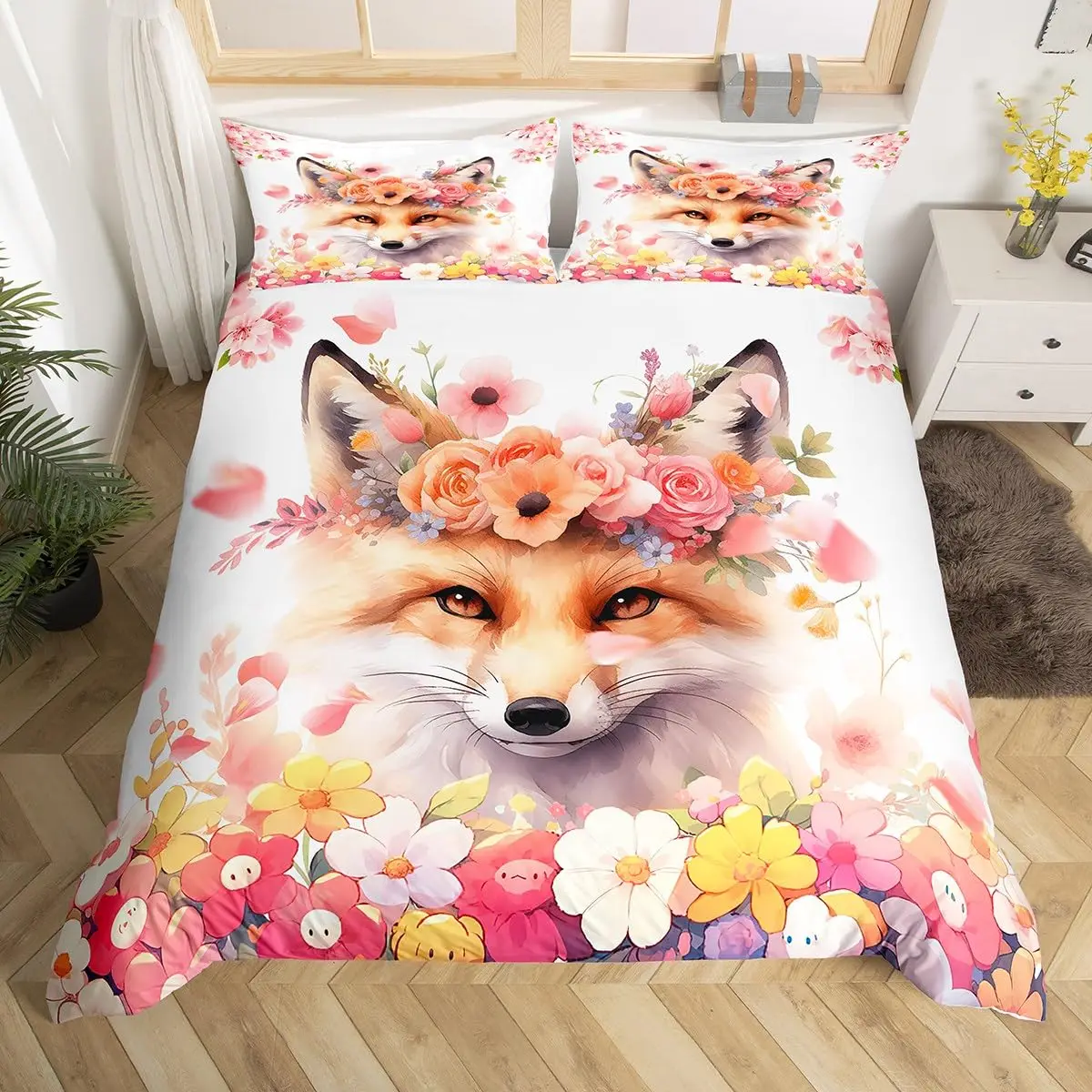 

Cartoon Fox Comforter Set 3-Pieces Cute Fox Bedding Set Plants Leaves Printed Quilt Set for Kids Boys Girls with 2 Pillowcases