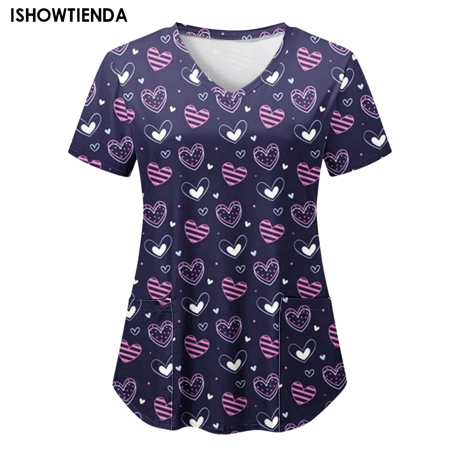 Nurse Working Uniforms T-shirt For Women's Workwear V-neck Short Sleeve Tops Blouse Cartoon Pattern Print Nursing Hospital Mujer