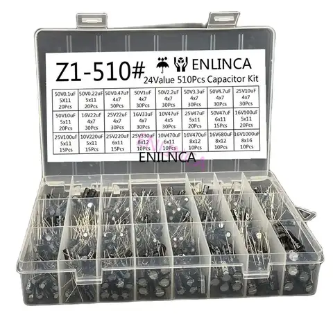 510Pcs/lot 0.1UF-1000UF 24Values Aluminum Electrolytic Capacitors 16-50V mix Electrolytic capacitor Assorted kit and storage box