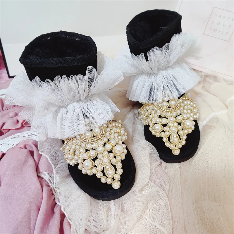 Short snow boots Shaggy mesh drill pearl fur one woman flat non-slip warm cotton shoes with velvet 35-44