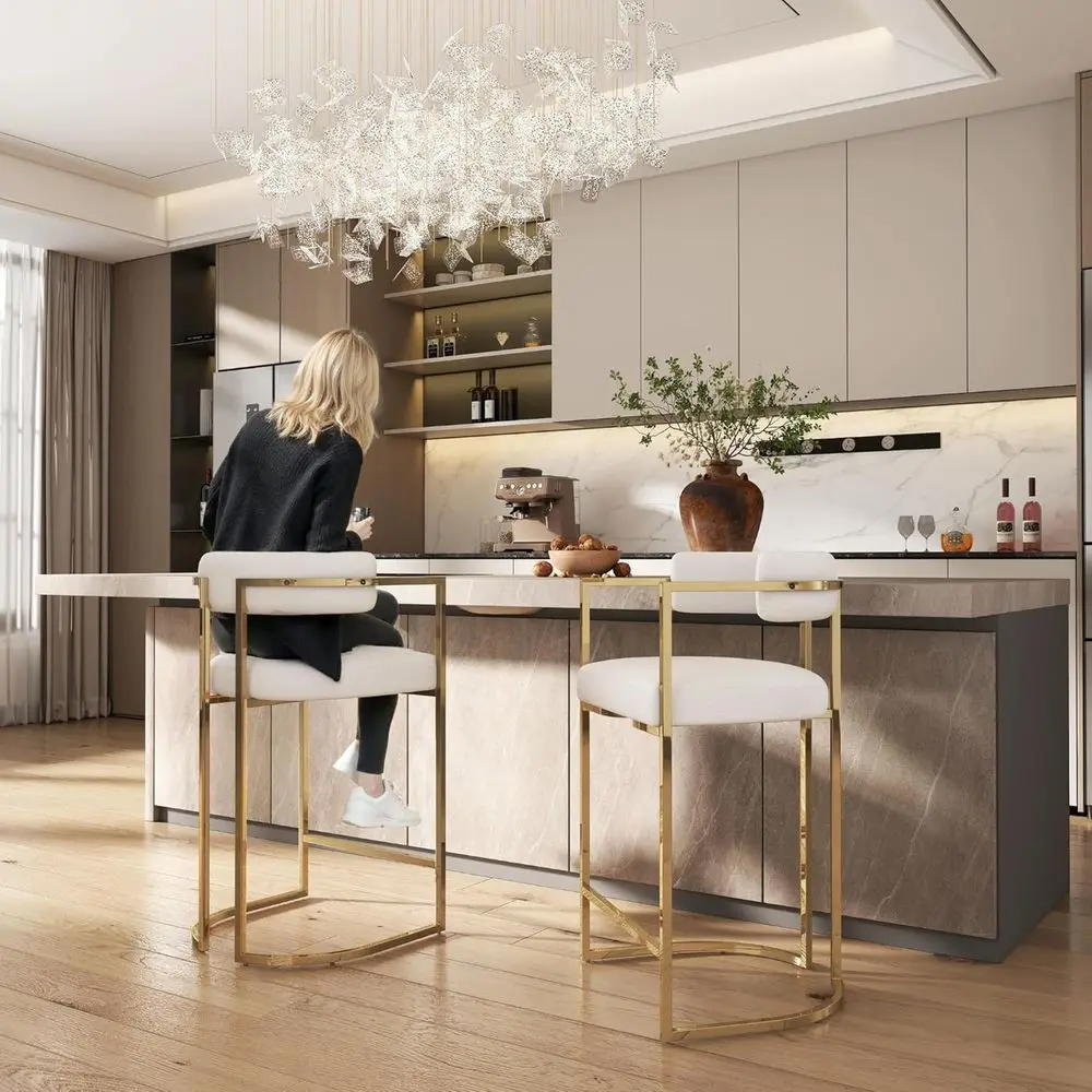 

Set of 2 White Upholstered Counter Height Barstools with Gold Legs for Kitchen Island or Pub