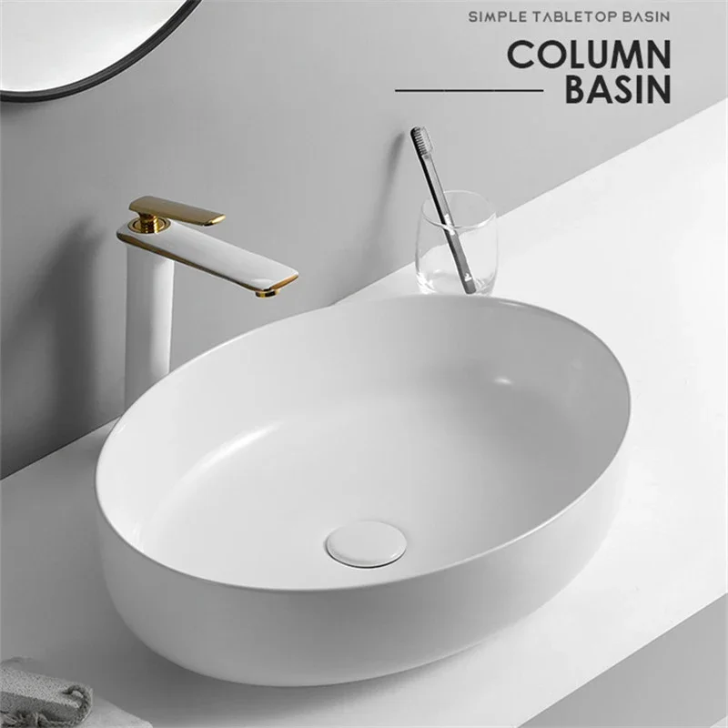 

Bathroom Sink Ceramic Washbasin White Column Basin Nordic Modern Countertop Washroom Vessel Sink Tabletop Basin 550*420*140MM