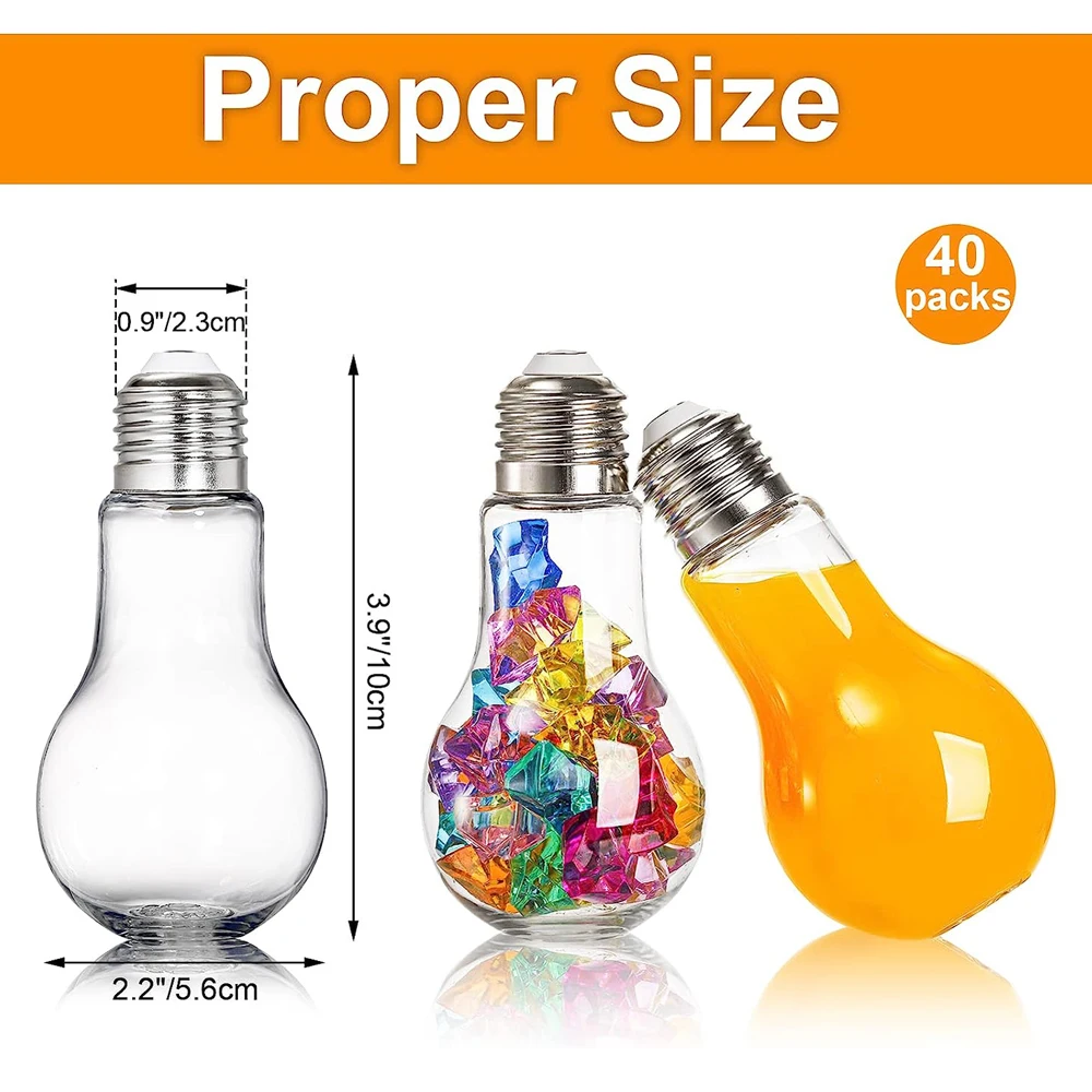 40 Pack Light Bulb Containers 100ml/4Oz Clear Plastic Candy Jars Light Bulb Shape Bottles for Drinking Light Bulb Ornament Party