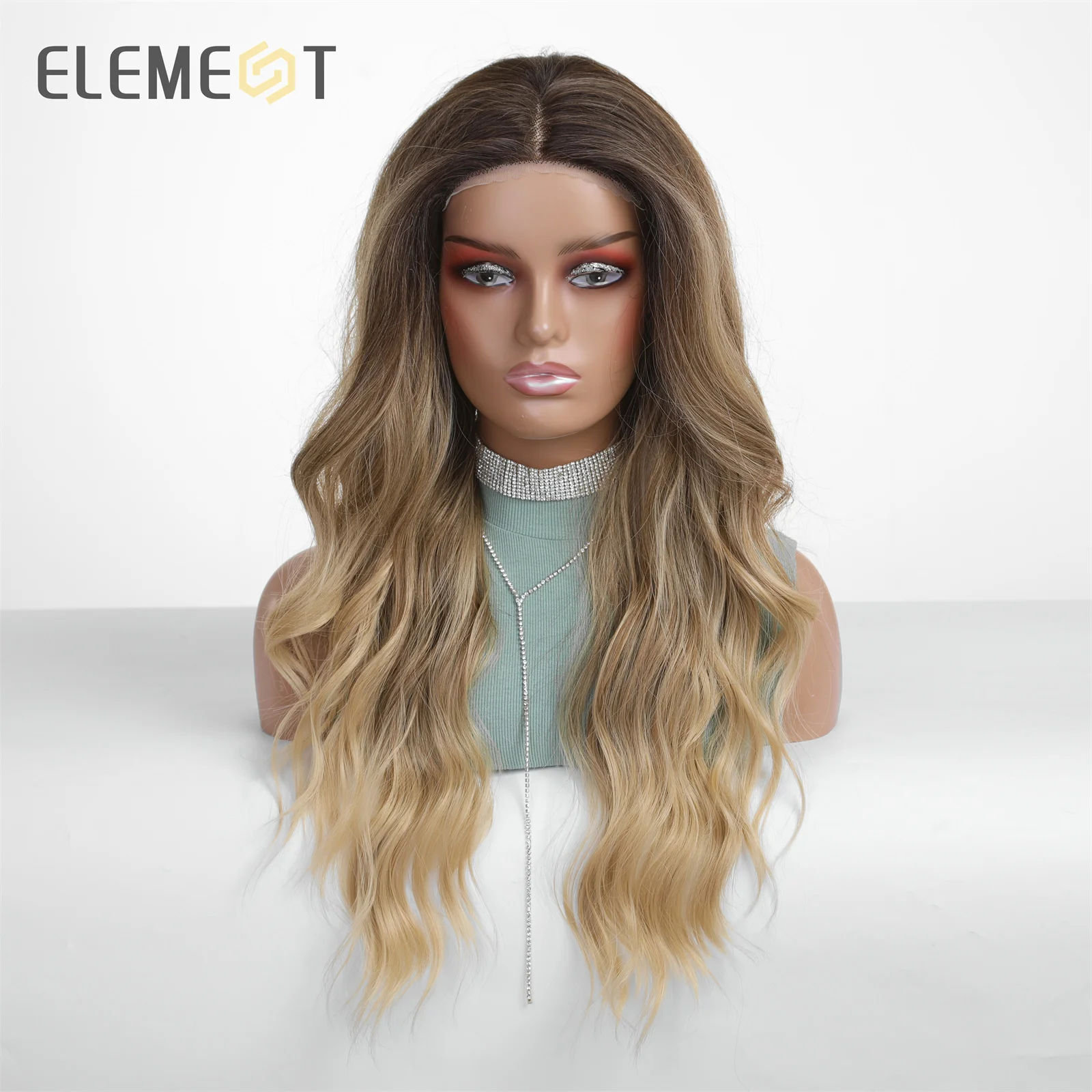 ELEMENT 4*5*0.5 Lace Front Wigs Synthetic Hair Long Water Wavy Ombre Dark Root to Blonde Brown Daily Party Wig for Women