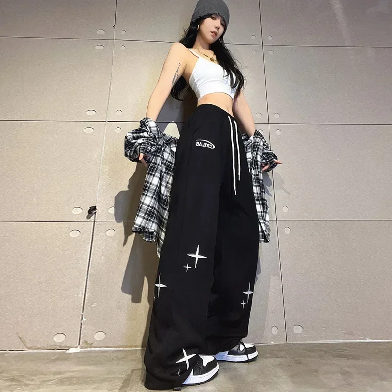Korean Harajuku Parachute Pants Women Oversized Hip Hop Wide Leg Cargo Trousers Baggy Black Joggers Y2k Streetwear