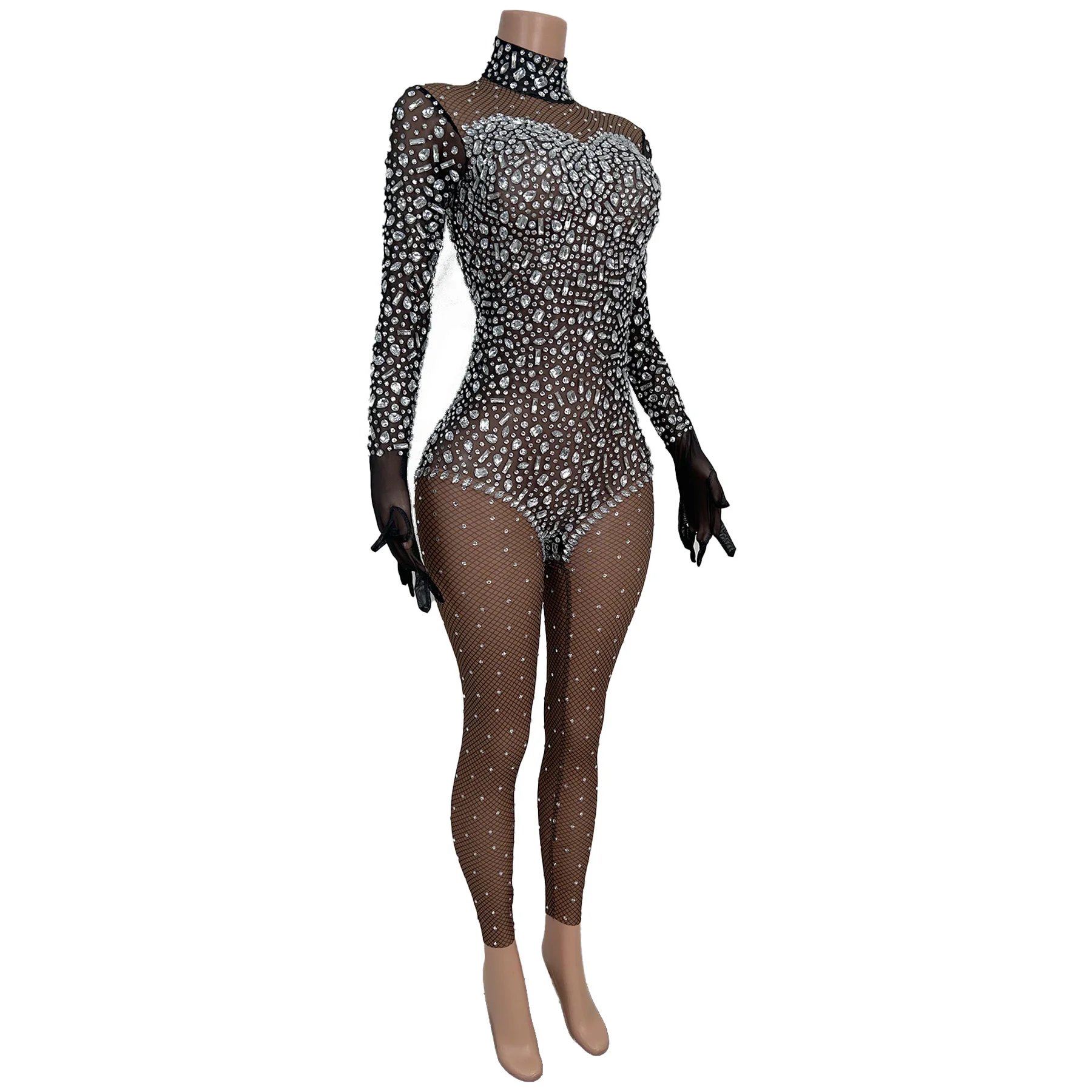 Tute con strass a maniche lunghe alla moda Tute aderenti con diamanti da donna Body da ballo Spettacolo Performance Body Abiti da festival