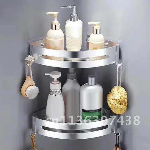 Shower Caddy Storage Rack Holder Wall Mounted Bathroom Shelf 6 Hooks 2 Tiers No Drilling Adhesive for Kitchen Hanging Corners