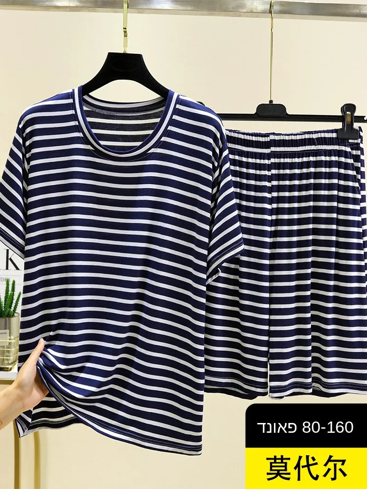 

Men's Modal Striped Sleepwear Summer Thin round Neck Short Sleeve T-Shirt Shorts Two-Piece Set Casual Large Size Home Clothes