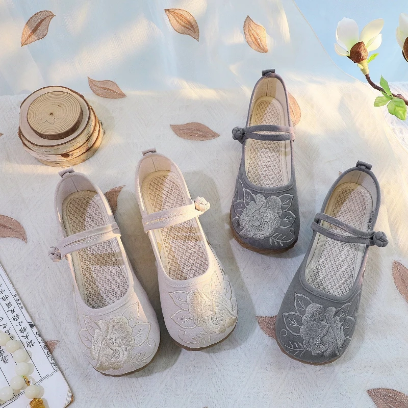 

2026 Women's Beige & Gray Floral Embroidery Mesh Mary Jane Flats Breathable Comfort Casual Daily Shoes Q-413