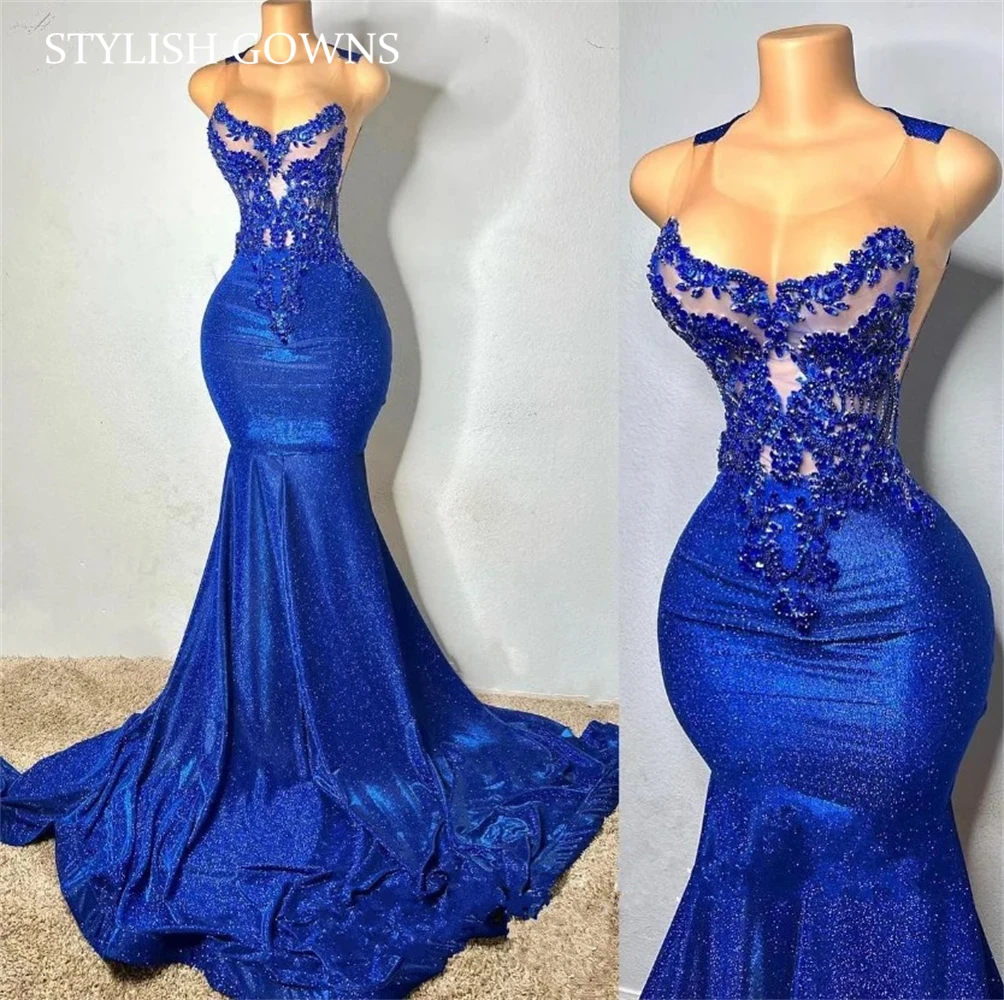 Royal Blue Long Prom Dresses For Black Girls Bead Crystal Rhinestone 2024 Birthday Luxury Dress Appliques Evening Customized