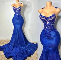 Royal Blue Long Prom Dresses For Black Girls Bead Crystal Rhinestone 2024 Birthday Luxury Dress Appliques Evening Customized